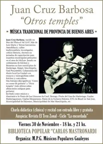 El músico Juan Cruz Barbosa brindará hoy una charla y recital en la Biblioteca Popular