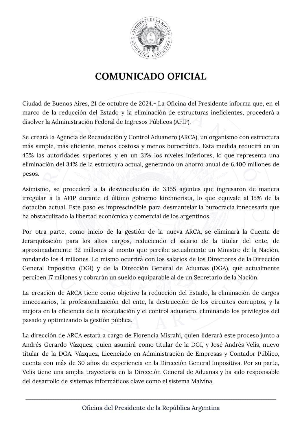 El Gobierno anunció la disolución de la Administración Federal de Ingresos Públicos (AFIP)