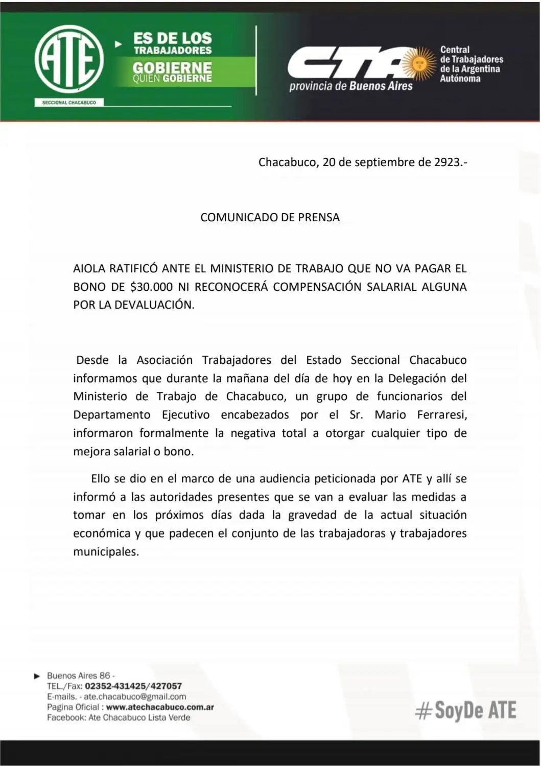 Comunicado de ATE Chacabuco