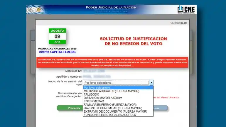 Está online el sistema para justificar la no emisión del voto