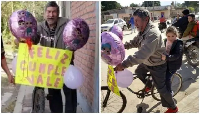 Abuelito adorna su bicicleta con globos para buscar a su nieta en la escuela
