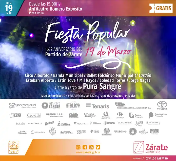 Zárate festeja su 163° aniversario con una gran fiesta popular