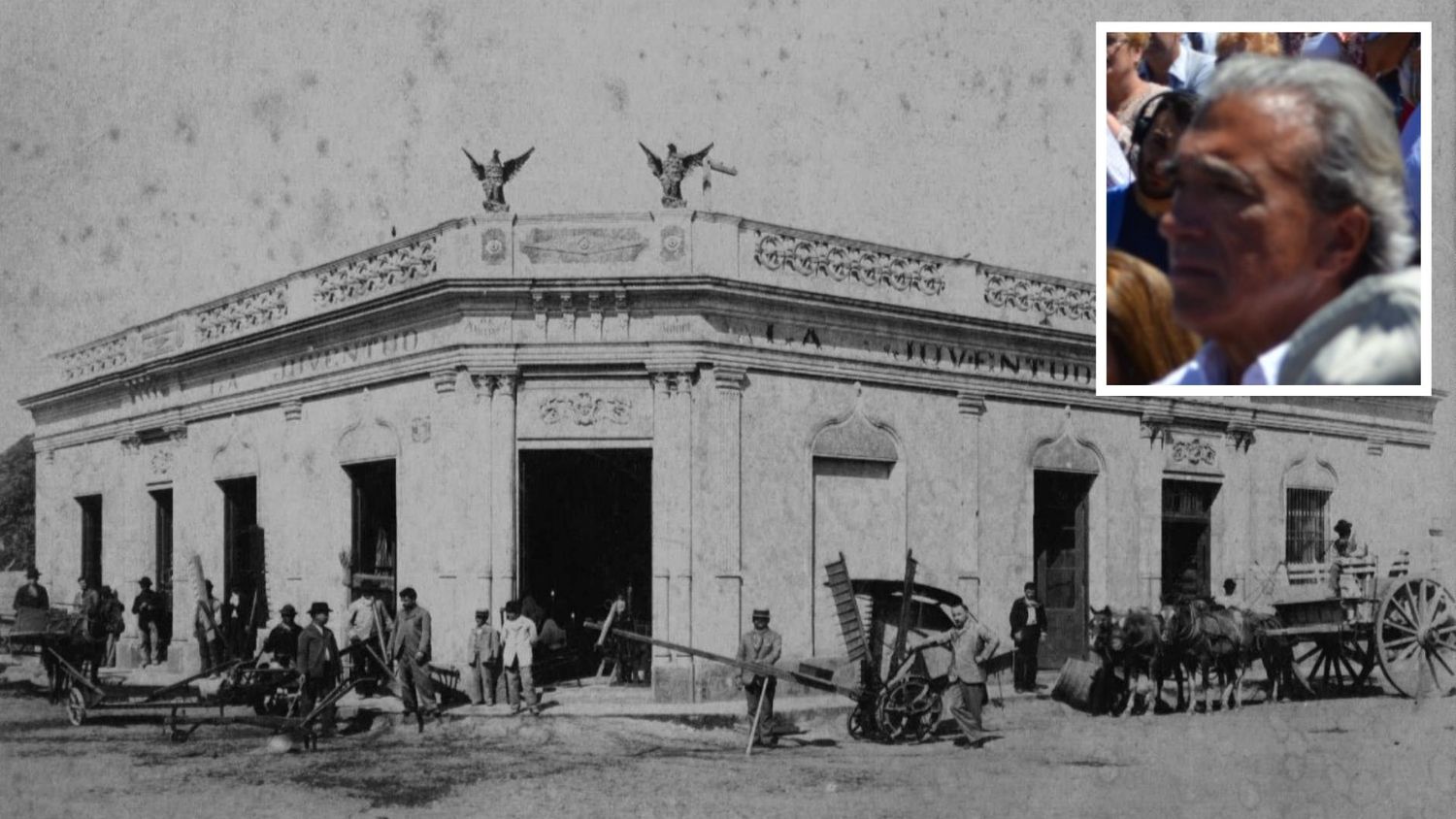 El almacén de Pellegrini y Las Heras. Arriba, a la derecha, Plácido Martínez Sobrado. Foto Archivo.