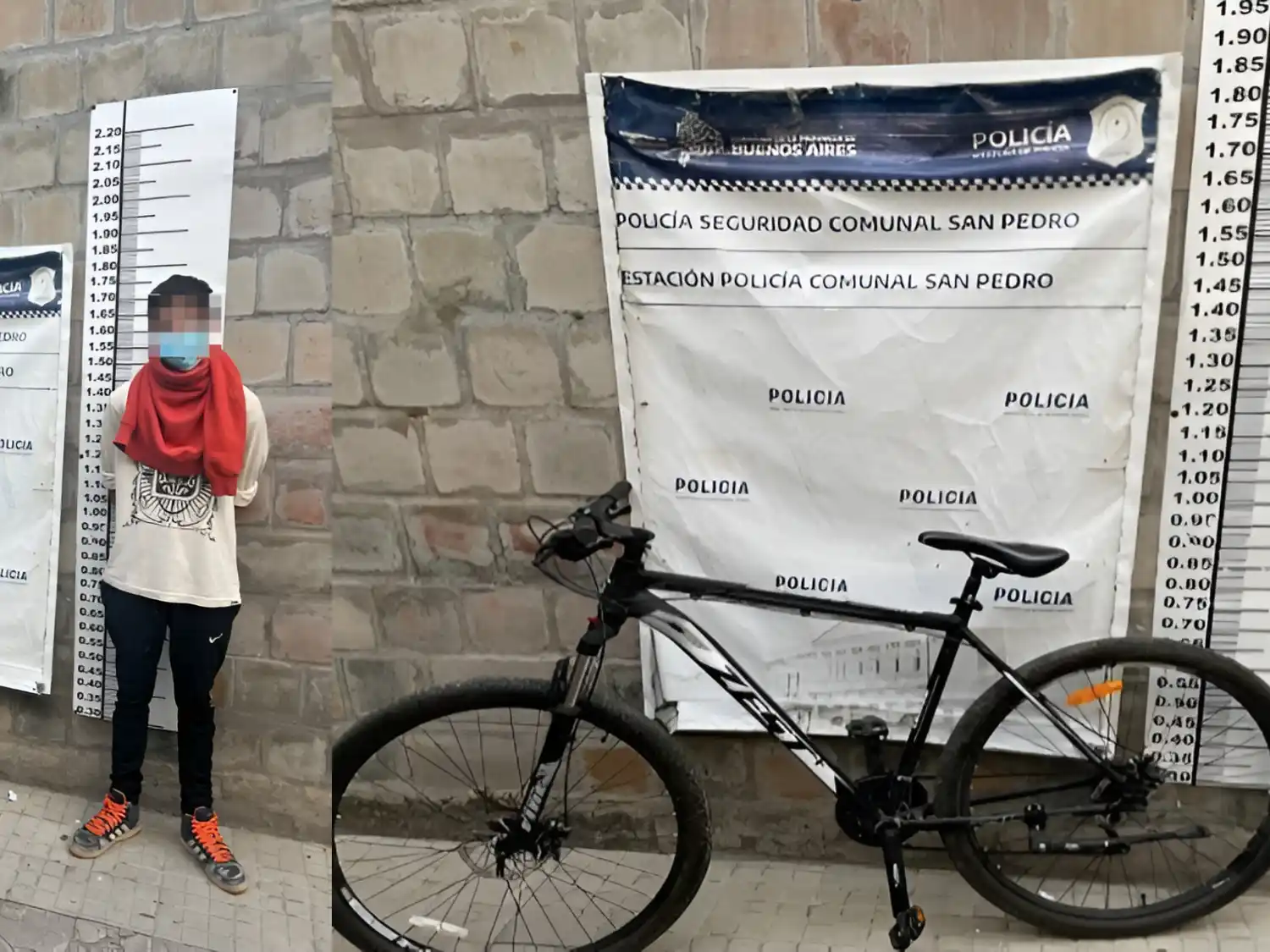 El detenido, con barbijo, y la bicicleta robada.