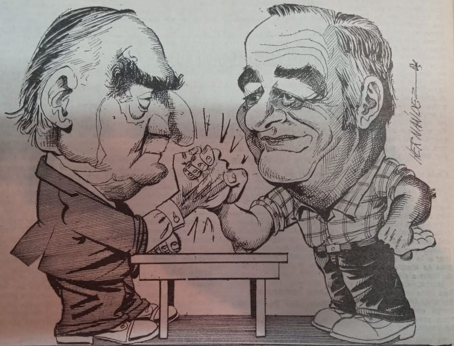 El dibujo del recordado caricaturista José Hernández graficó la pulseada democrática entre los dos principales postulantes a la intendencia en 1983: el radical Juan Ricardo Cornaglia y el justicialista Orlando Batisttelli.