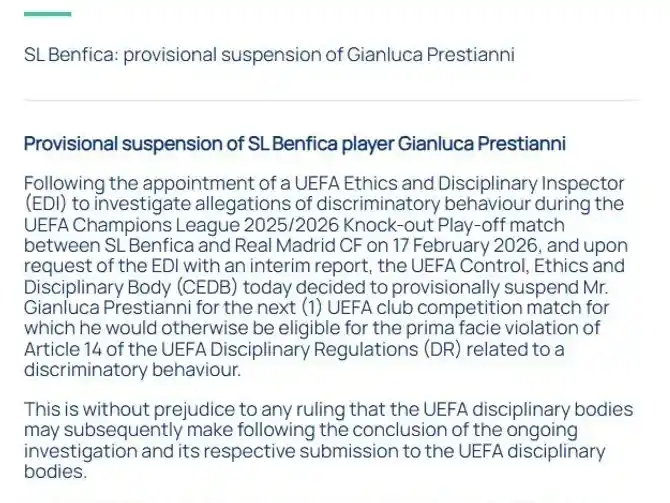 Suspensión provisional a Gianluca Prestianni.