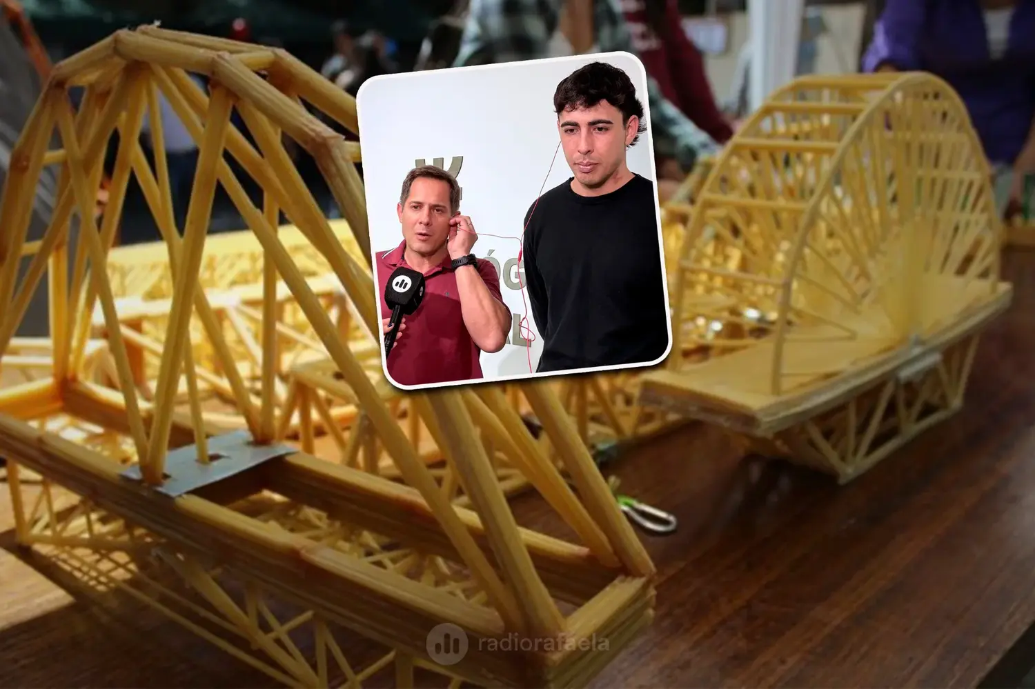Pairone Sergio - profesor a cargo / Andereggen Daniel - estudiante | Puentes de fideos: la UTN Rafaela vuelve a poner a prueba el ingenio de los estudiantes
