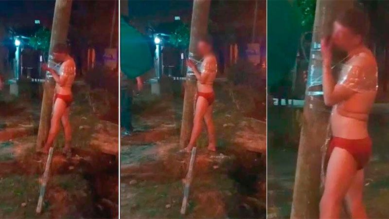 Vecinos atraparon a un ladrón, lo ataron a un poste y lo desnudaron