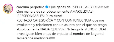 Carolina Perpetuo se desligó de cualquier señalamiento. Foto Instagram