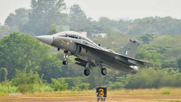 The first mass-produced two-seater training LCA Tejas takes off