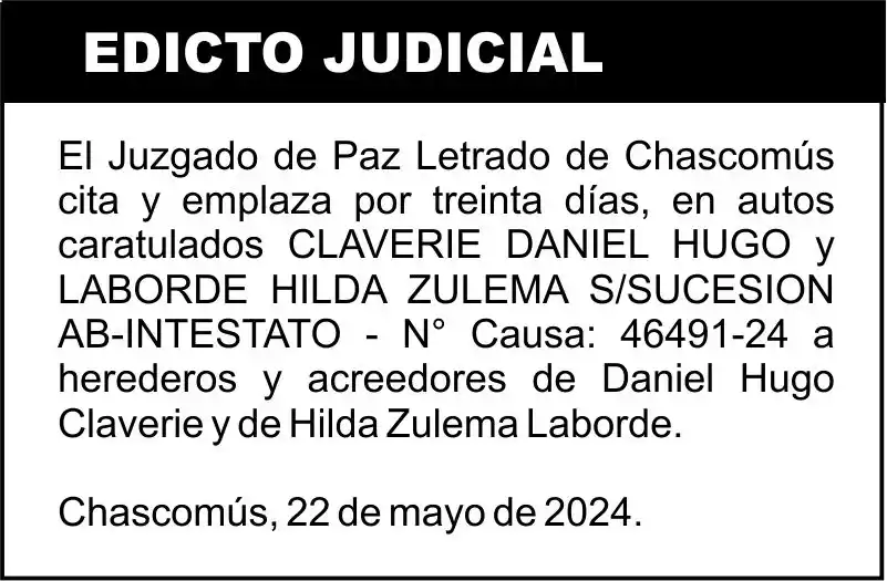 CLAVERIE DANIEL HUGO y LABORDE HILDA ZULEMA S/SUCESION AB-INTESTATO