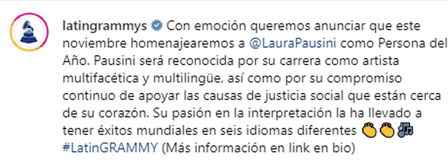 Así fue el anunció de la distinción que recibirá Laura Pausini. Foto Instagram