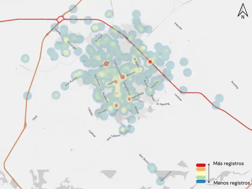 El mapa de calor de los eventos viales en el último trimestre del 2024.