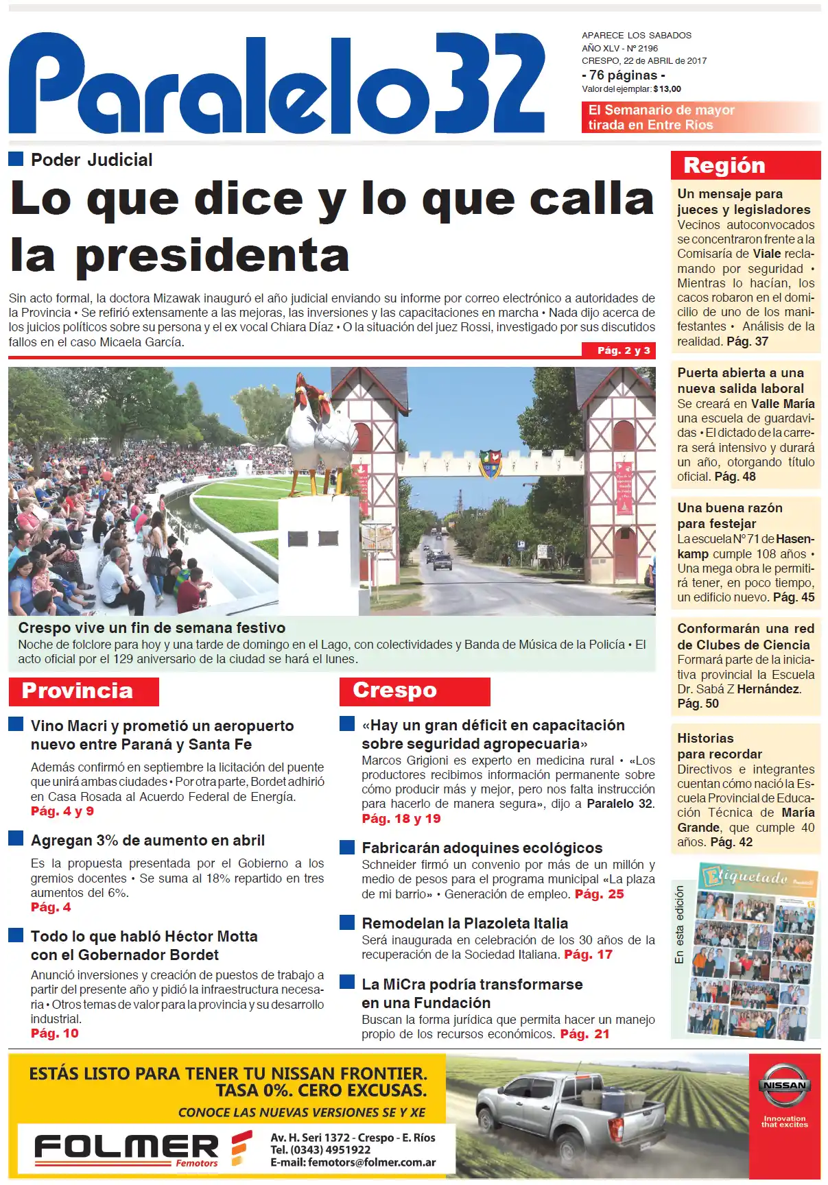 La tapa del sábado de Paralelo 32 edición Crespo