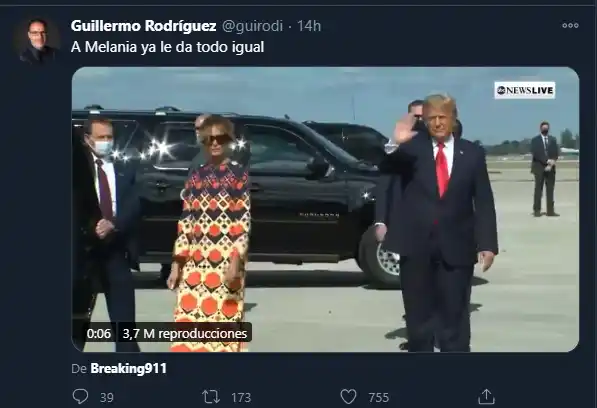 El gesto de Melania Trump dio chance para muchos comentarios. Foto: Twitter