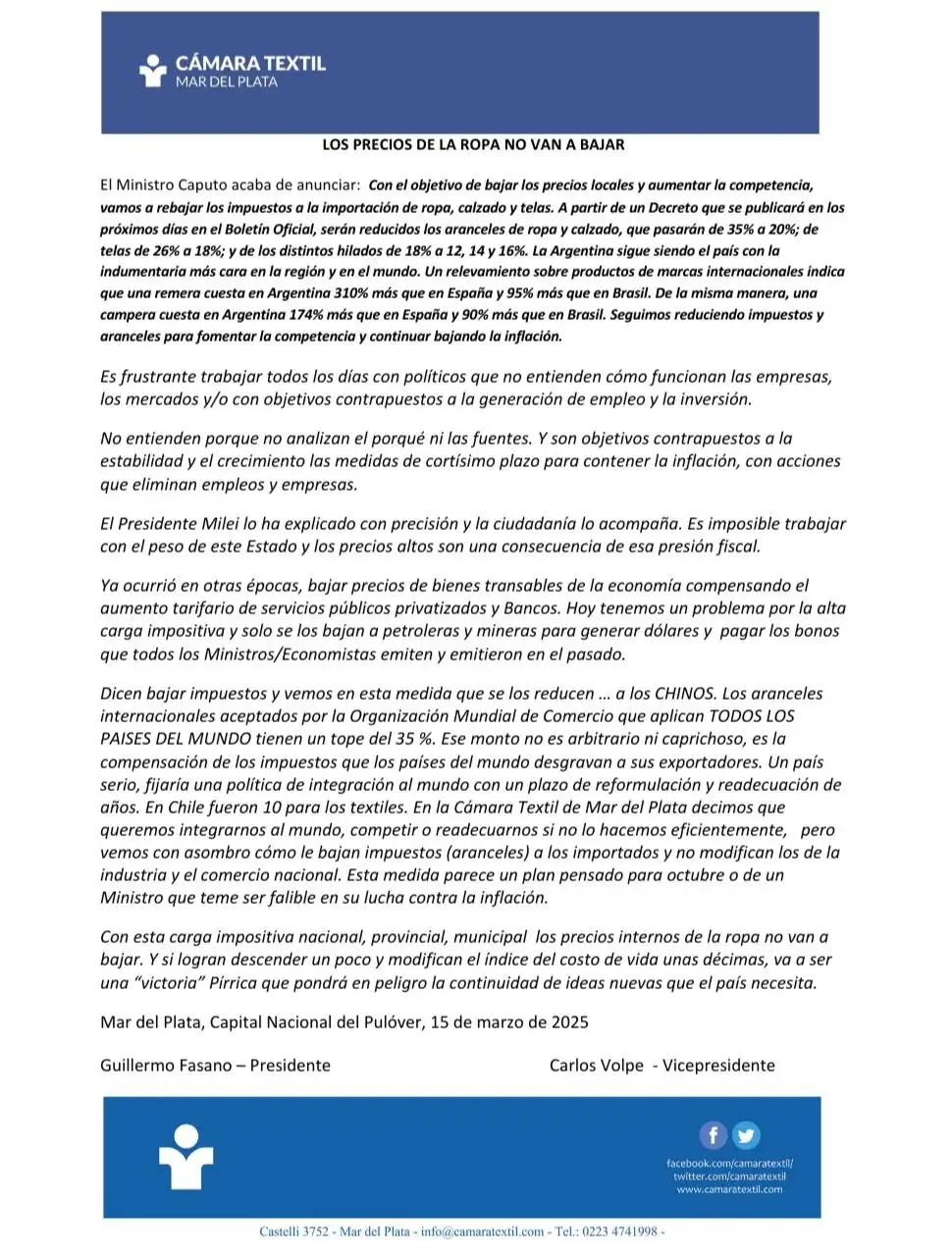El comunicado de la Cámara Textil de Mar del Plata.