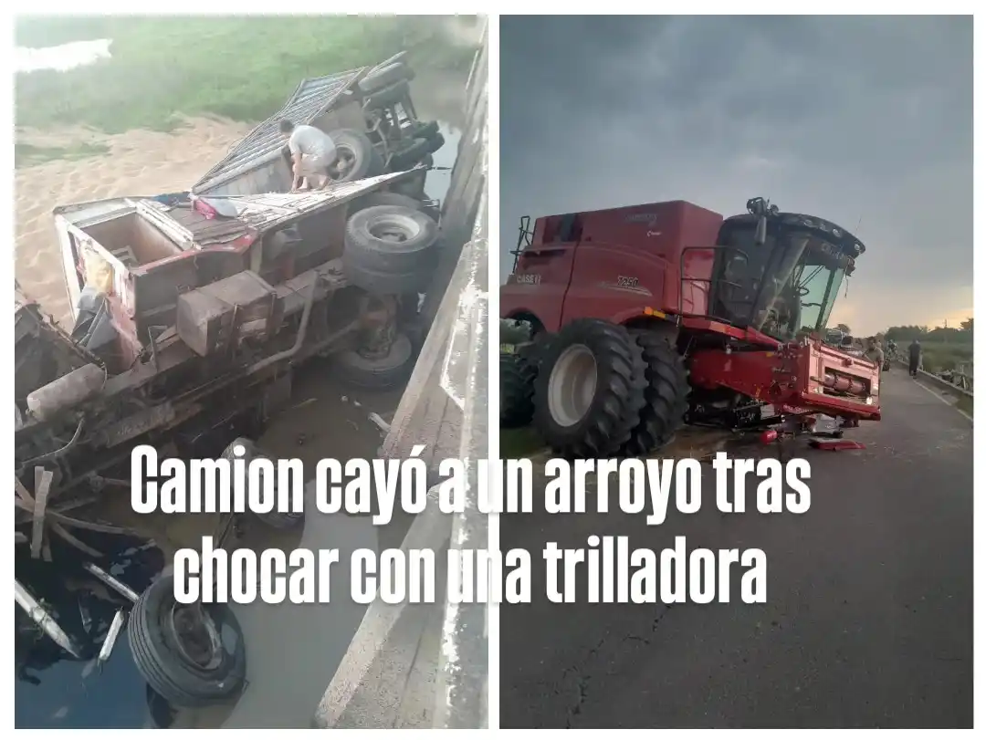 Gualeguay: violento choque entre un camión y una cosechadora en Ruta 11 dejó un camión caído al arroyo