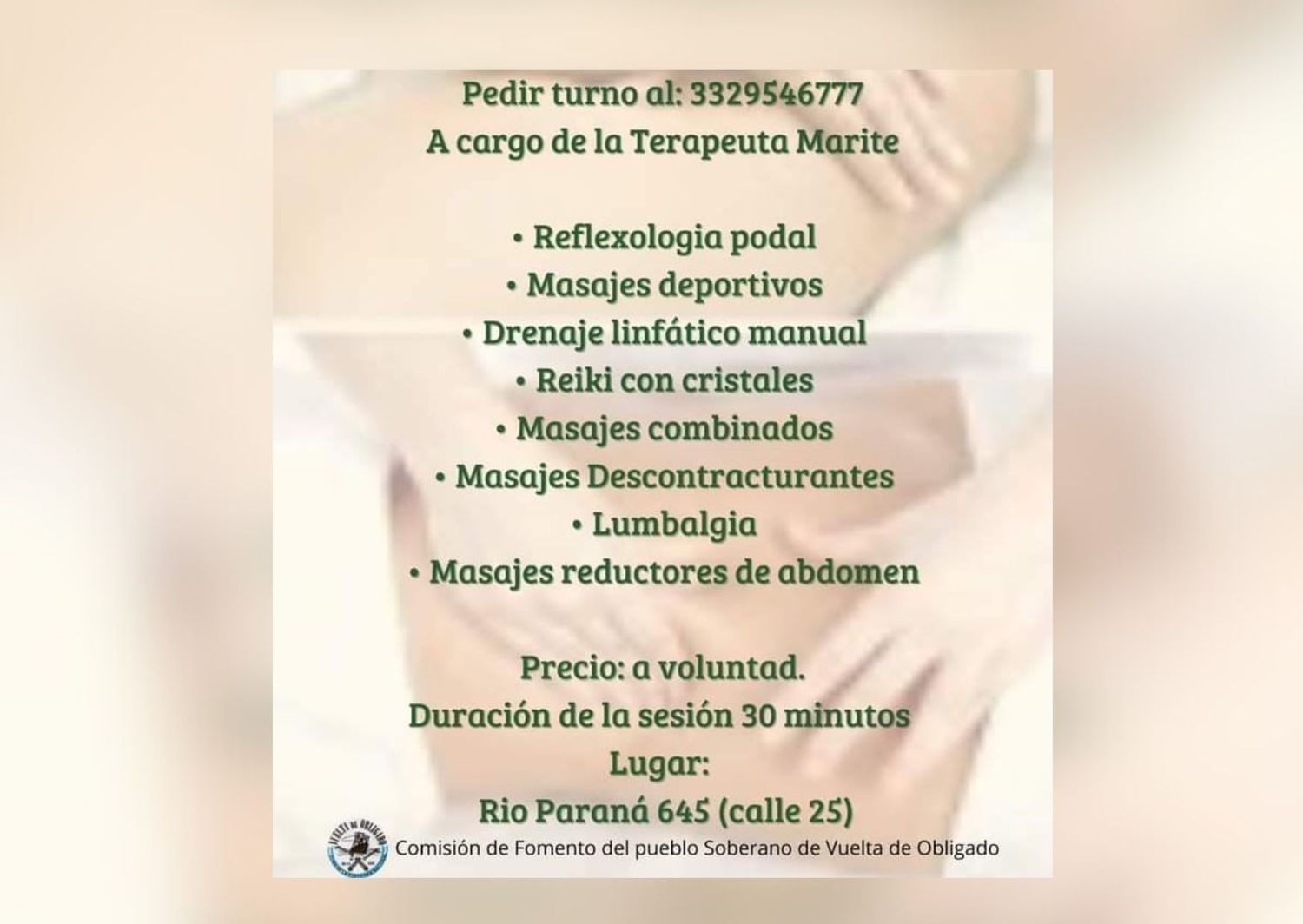 Masajes a voluntad en Vuelta de Obligado