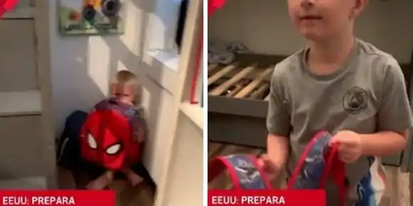 ¡CON UN MORRAL ANTIBALAS! Así una madre entrena a su hijo en caso de tiroteos en EE.UU.