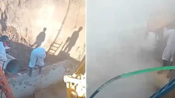 Video impactante: empleados municipales trabajaban en el arreglo de un caño de agua que explotó