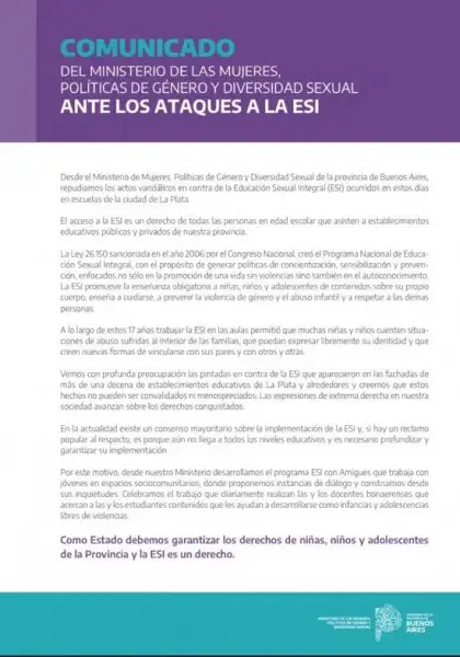 Comunicado del ministerio de Mujeres de la Provincia repudiando ataques a la ESI