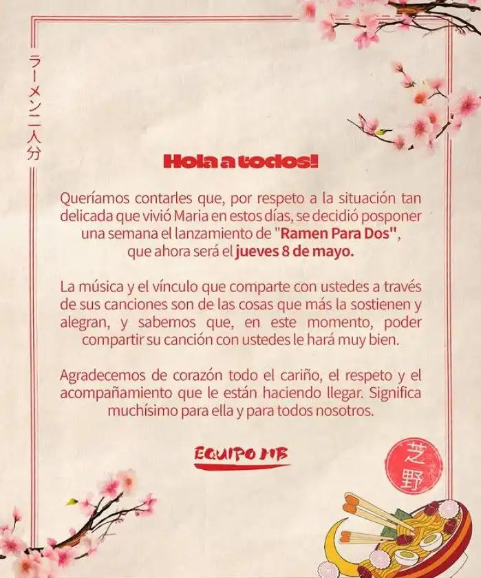 El comunicado del equipo de María Becerra.