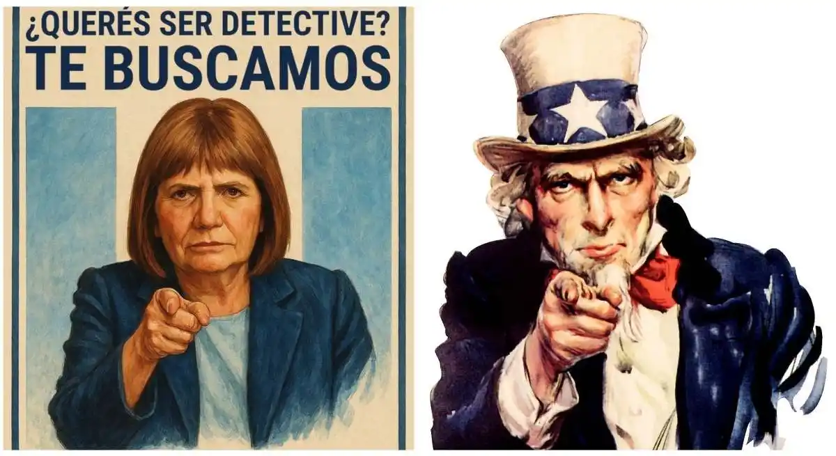 El afiche oficial del Ministerio de Seguridad, comparado con el clásico cartel de reclutamiento del “Tío Sam”, desató una ola de memes y comparaciones con la serie División Palermo.
