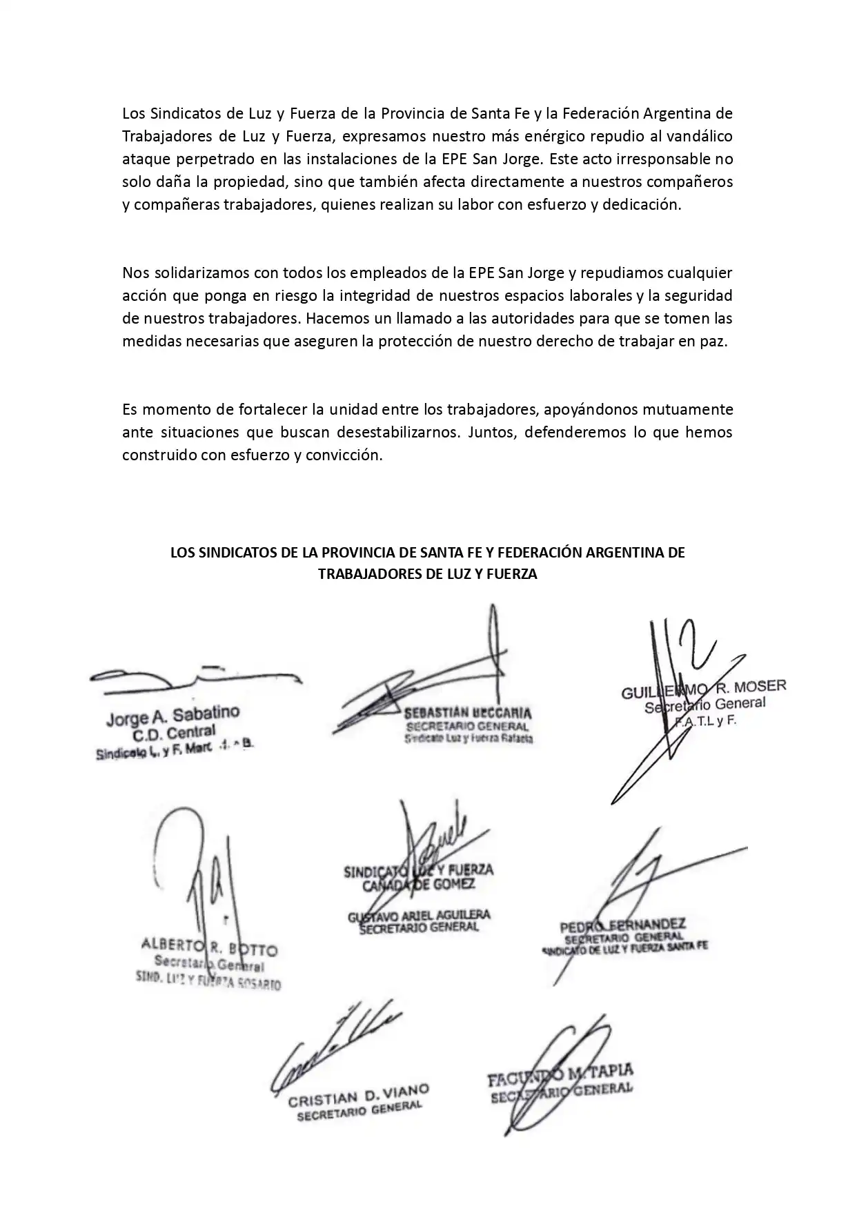 Luz y Fuerza repudió el violento ataque en las oficinas de la EPE San Jorge