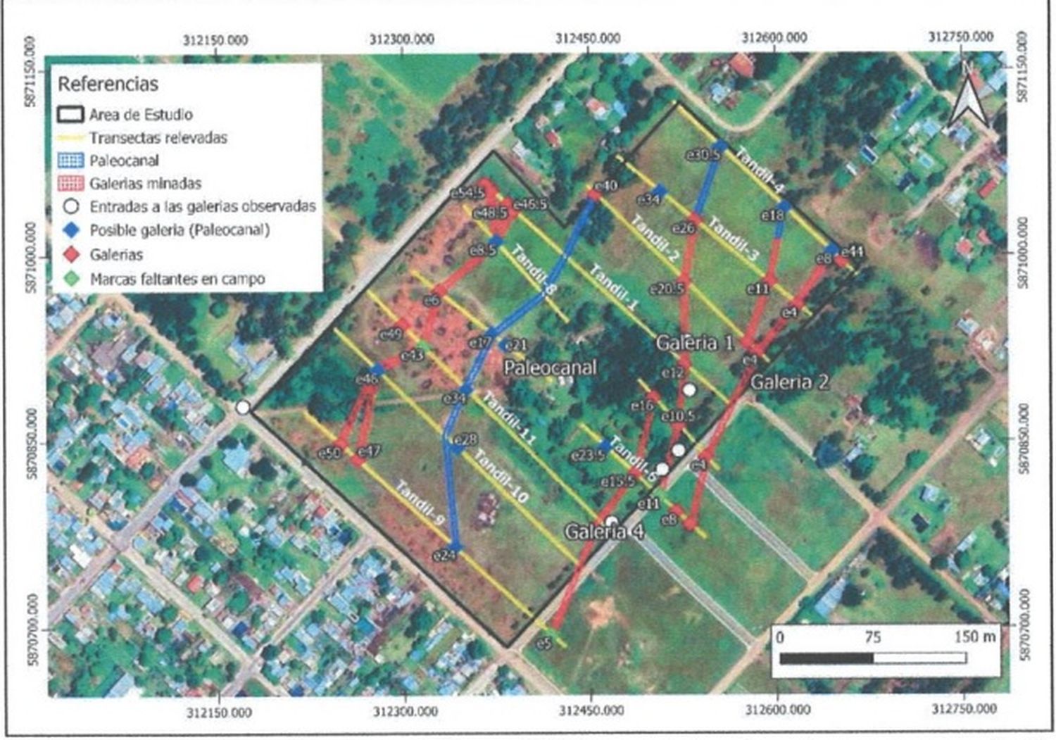 El mapa con las galerías (en rojo) y paleocanales (azul) demarcados por el Instituto de Hidrología de Llanuras (Ihlla).