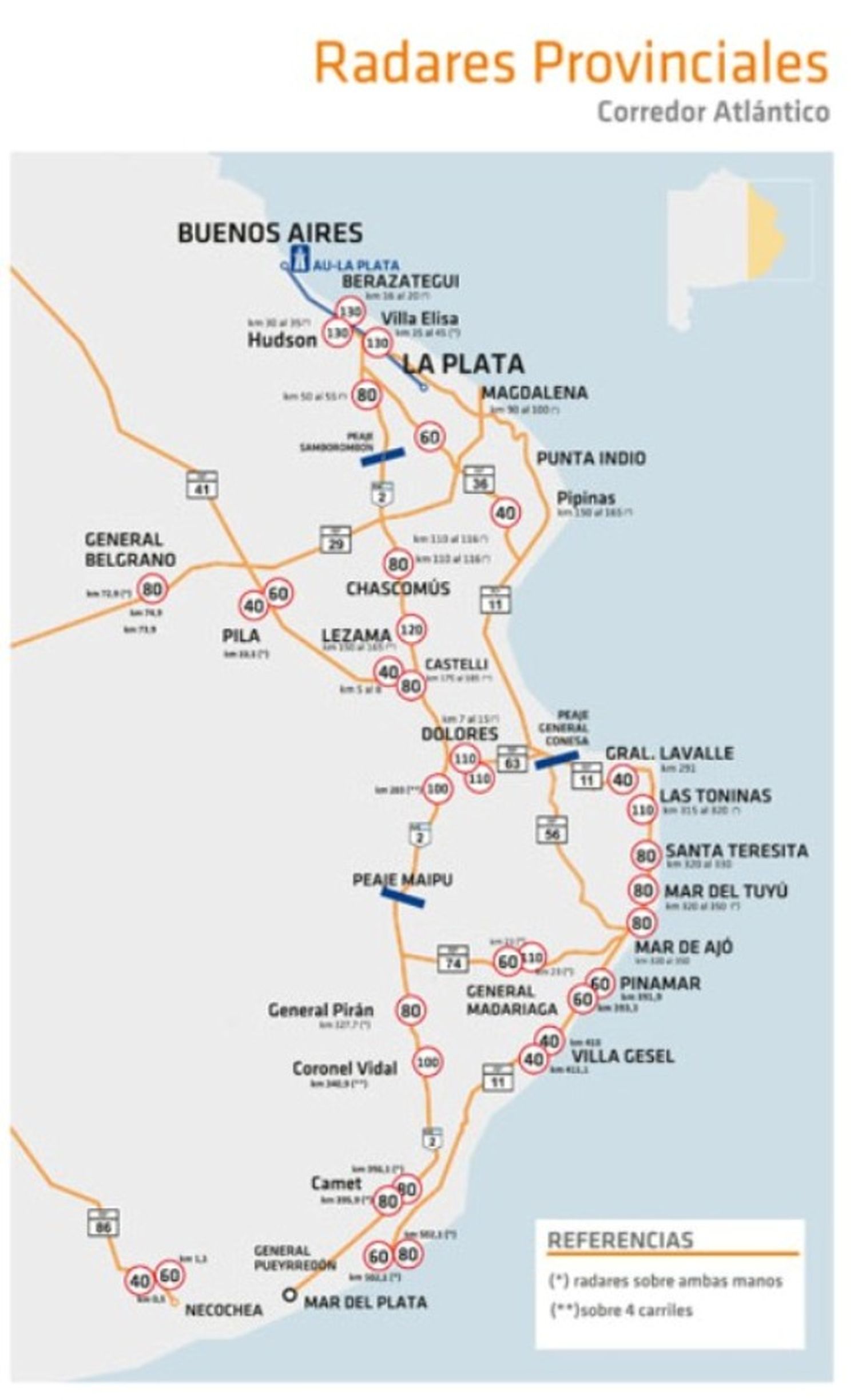 Vacaciones: Dónde están ubicados los radares en rutas que van a la Costa Atlántica