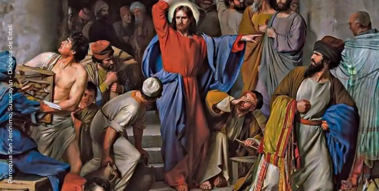"Jesús entra en el Templo y, al encontrarlo convertido en un mercado, vuelca las mesas de los cambistas y expulsa a quienes comercializaban allí".