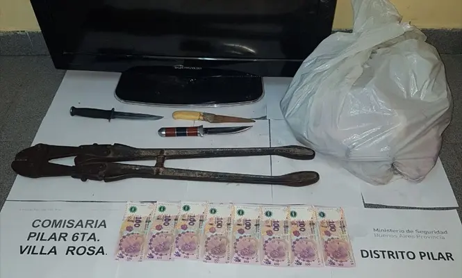 Dinero, el televisor, y la carne. La Policía recuperó todo lo robado.