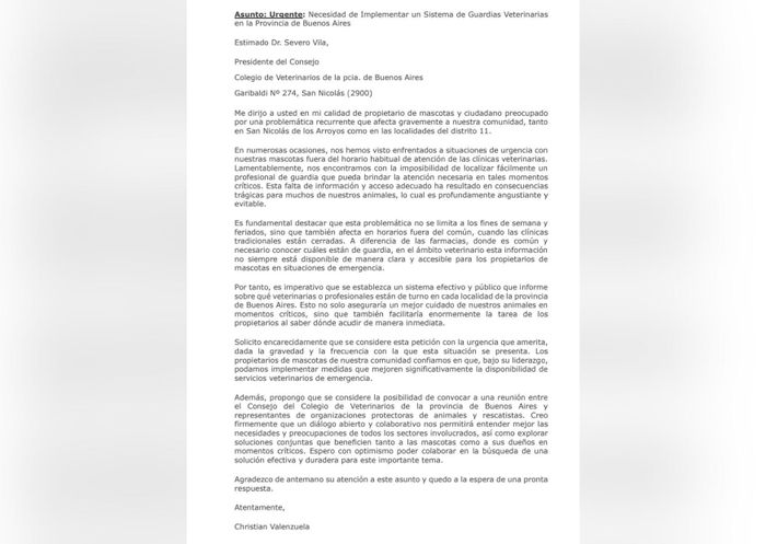 Copia de la carta dirigida al Colegio de Veterinarios