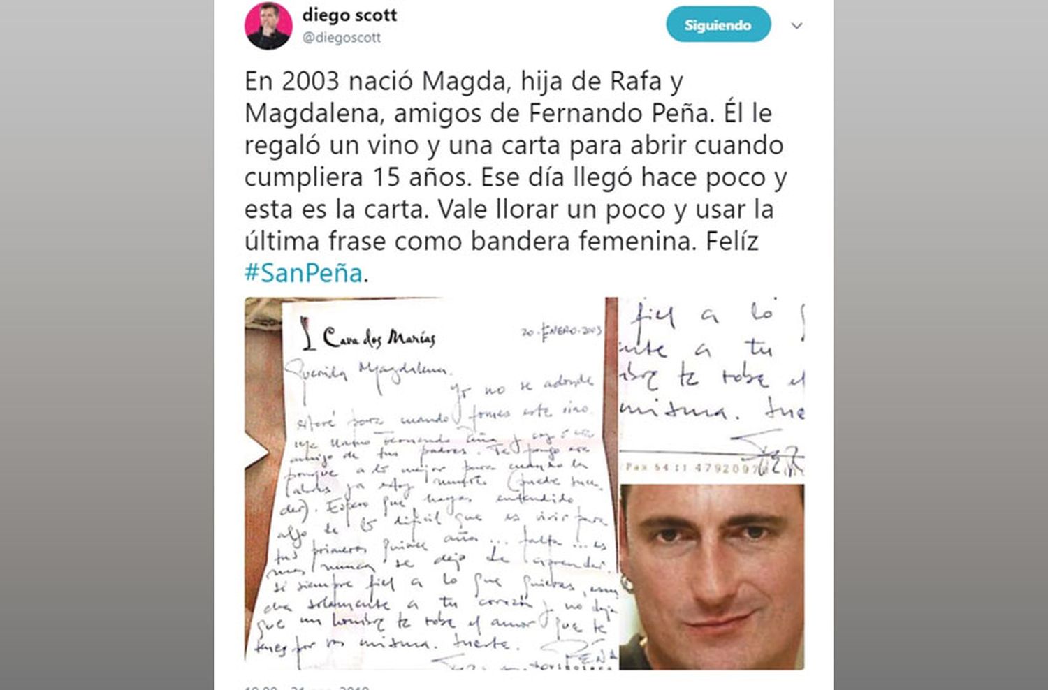 La carta que Fernando Peña le dejó a la hija de unos amigos para sus 15