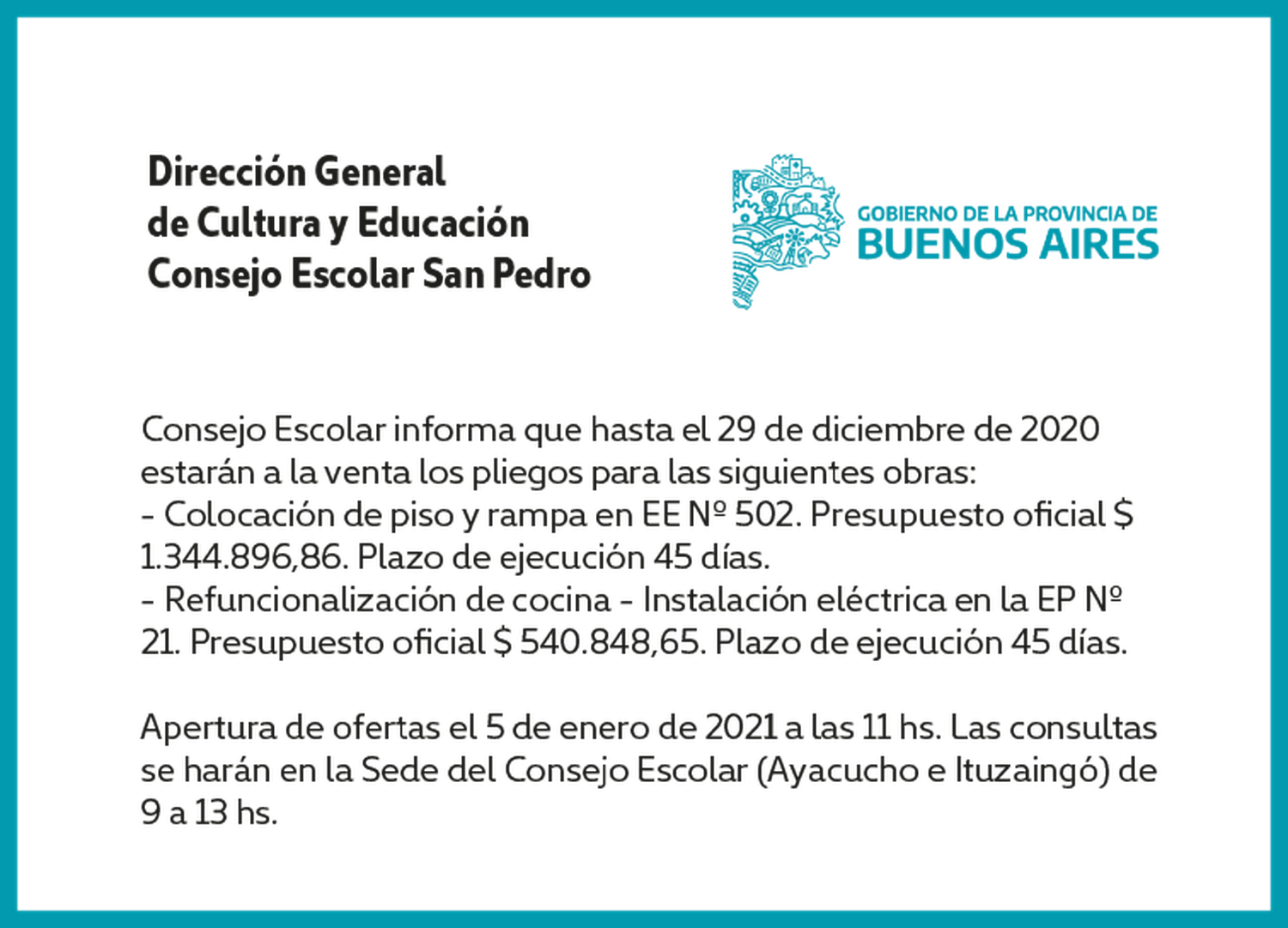 [Publicación Oficial] Informe Consejo Escolar: pliegos disponibles para obras en EE Nº 502 y EP Nº 21