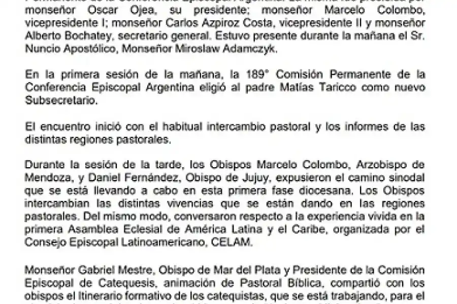 Comunicado de la  Conferencia Episcopal Argentina