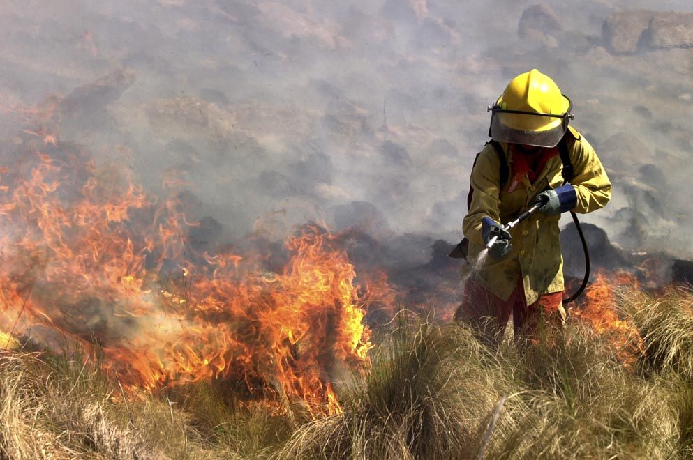 Bombero combatiendo el fuego en las sierras de Córdoba