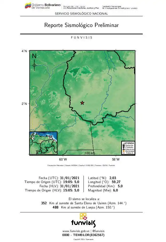 FUNVISIS: sismo de magnitud 6.0 al sureste de Santa Elena de Uairen