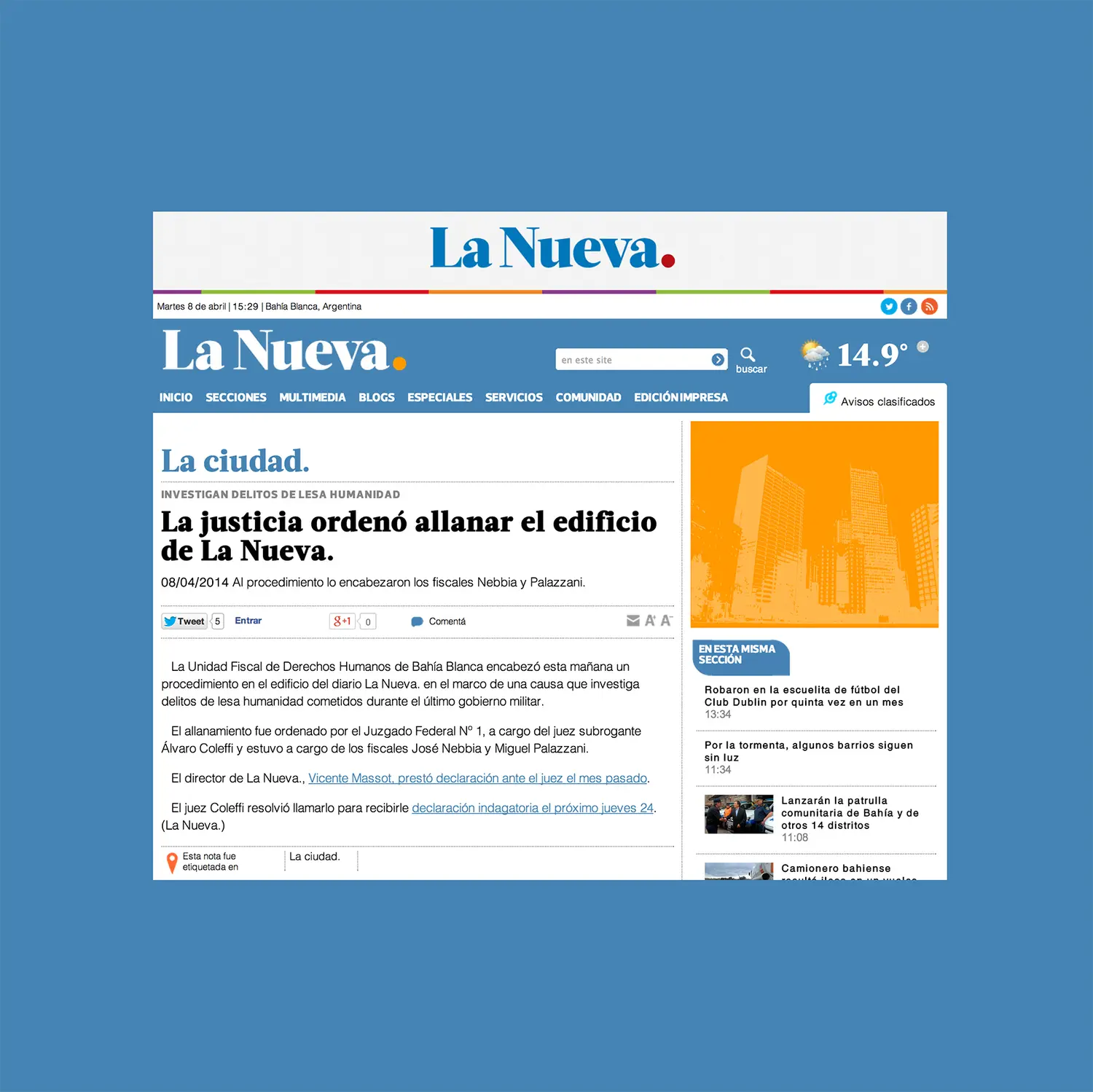 La Nueva Provincia: Tras allanamiento al diario, Vicente Massot citado a indagatoria