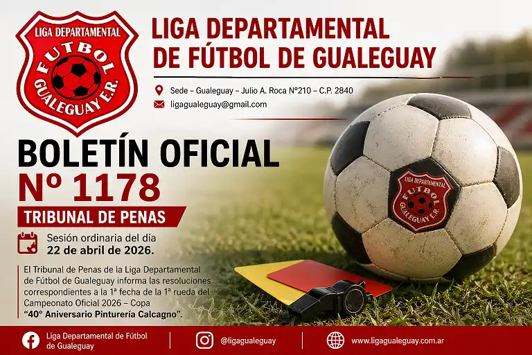 Liga Departamental de Fútbol de Gualeguay: el Tribunal de Penas emitió el Boletín Nº 1178 con sanciones y una protesta en curso