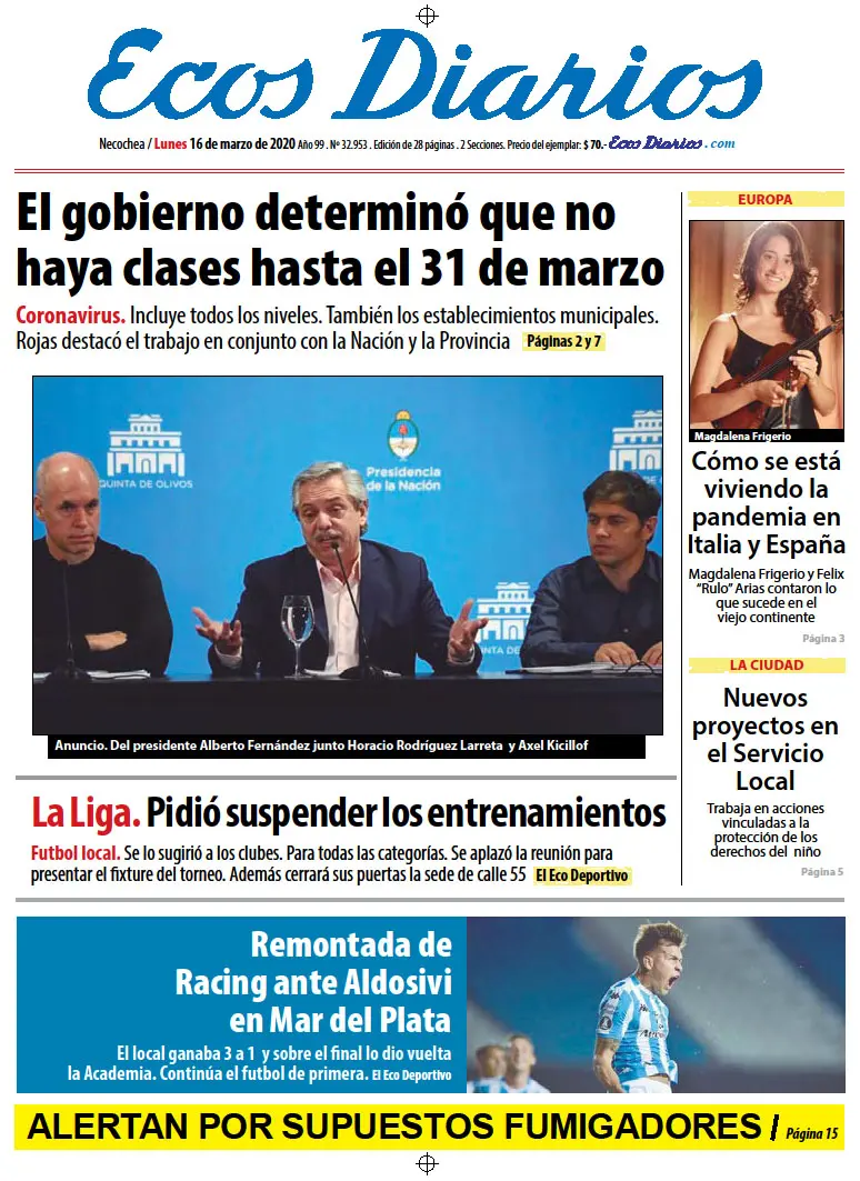 Tapa del 16 de marzo de 2020