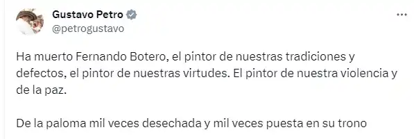 El presidente colombiano Gustavo Petro dio las condolencias a la familia de Fernando Botero. Foto X