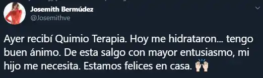 Josemith Bermúdez ha compartido con sus seguidores cómo ha evolucionado su tratamiento. Foto: Twitter