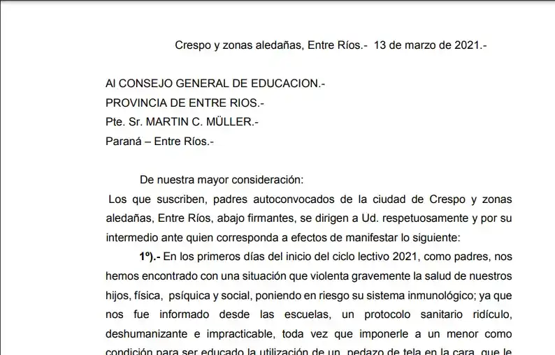 Firma de petitorio: Padres autoconvocados piden que no se exija usar barbijo en las escuelas
