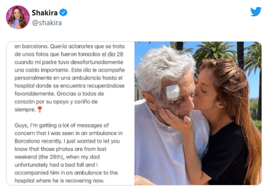 Shakira contó qué le sucedió a su padre. Foto Twitter