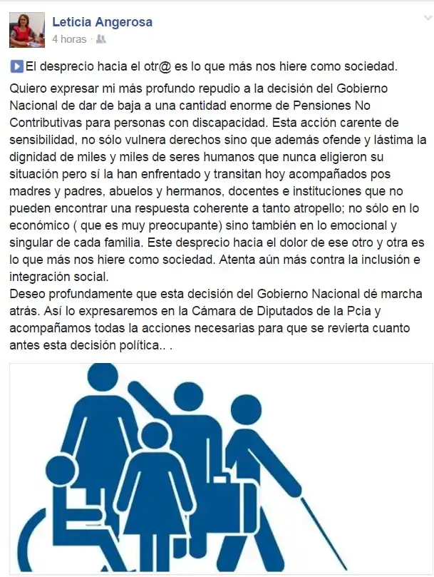 Angerosa le pidió la gobierno que de marcha atrás con las pensiones por discapacidad 
