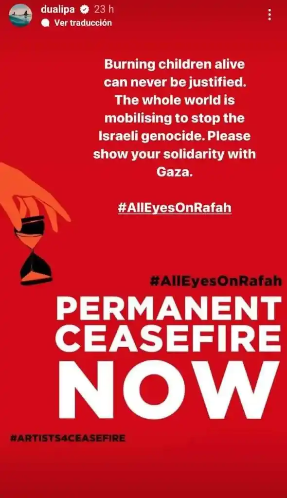 El mensaje de Dua Lipa. Foto Instagram