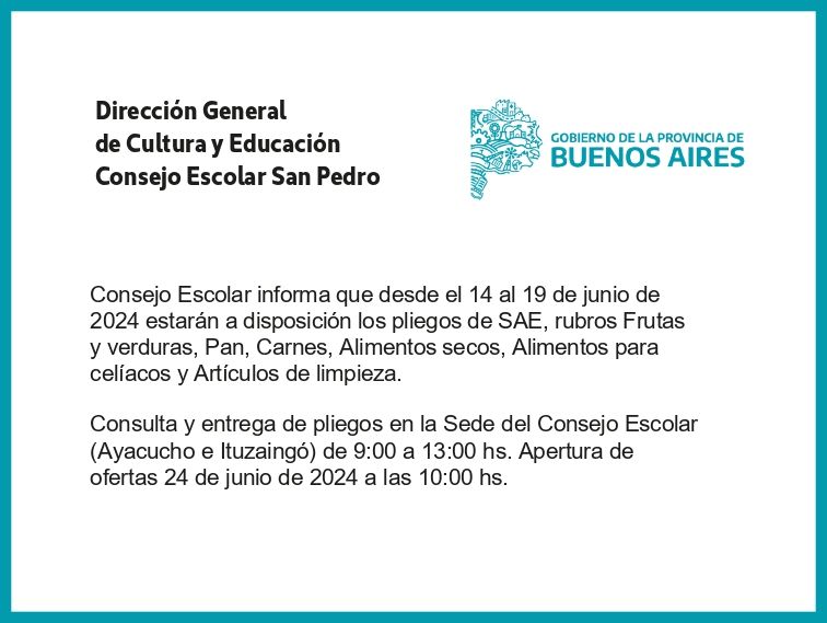 [Publicación Oficial] Consejo Escolar San Pedro: Pliegos SAE a disposición