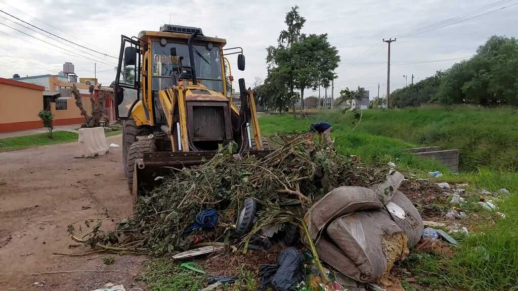 Una retroexcavadora trabaja en la limpieza de un microbasural,  como parte del operativo municipal para prevenir el dengue en Sunchales.