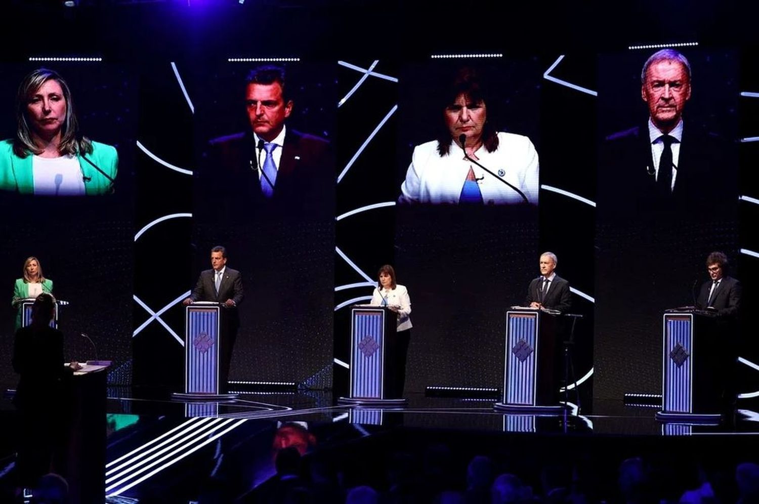 Sergio Massa (Unión por la Patria, UxP), Patricia Bullrich (Juntos por el Cambio, JxC), Javier Milei (La Libertad Avanza, LLA), Juan Schiaretti (Hacemos por Nuestro País, HNP) y Myriam Bregman (Frente de Izquierda y Trabajadores-Unidad, FIT-U).